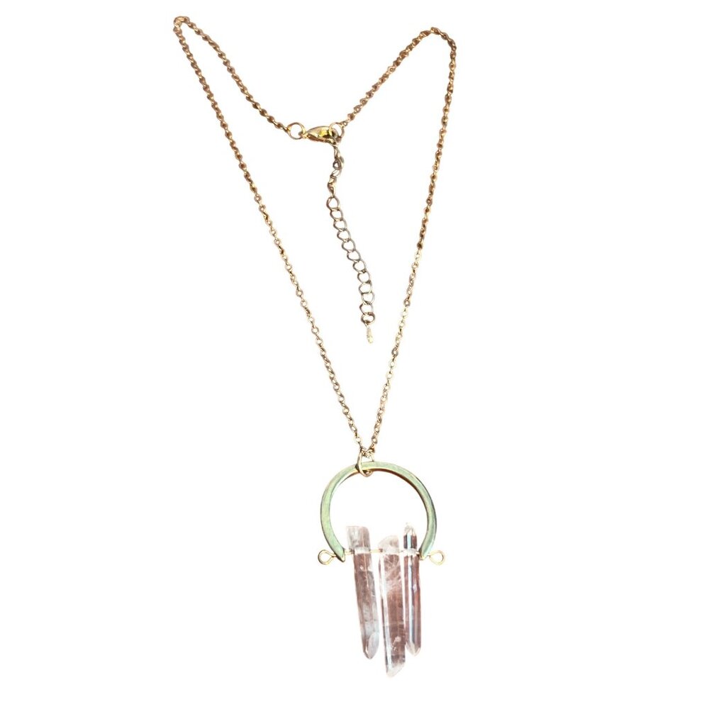 Gold Chain Necklace Clear Quartz Crystal Pendant 3 Spears Boho Adj 17" + 2.5"